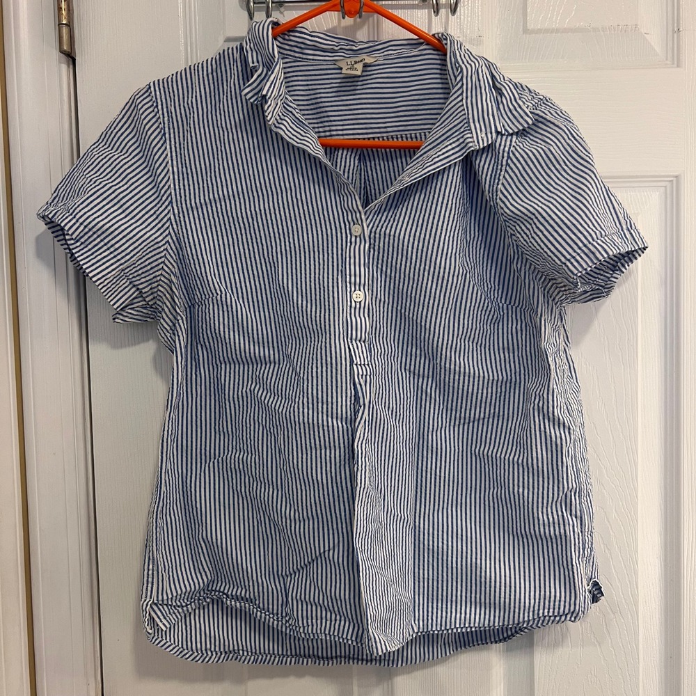 L.L.Bean Women's Blue White Striped Short Sleeve‎ 1/4 Button Down Shirt